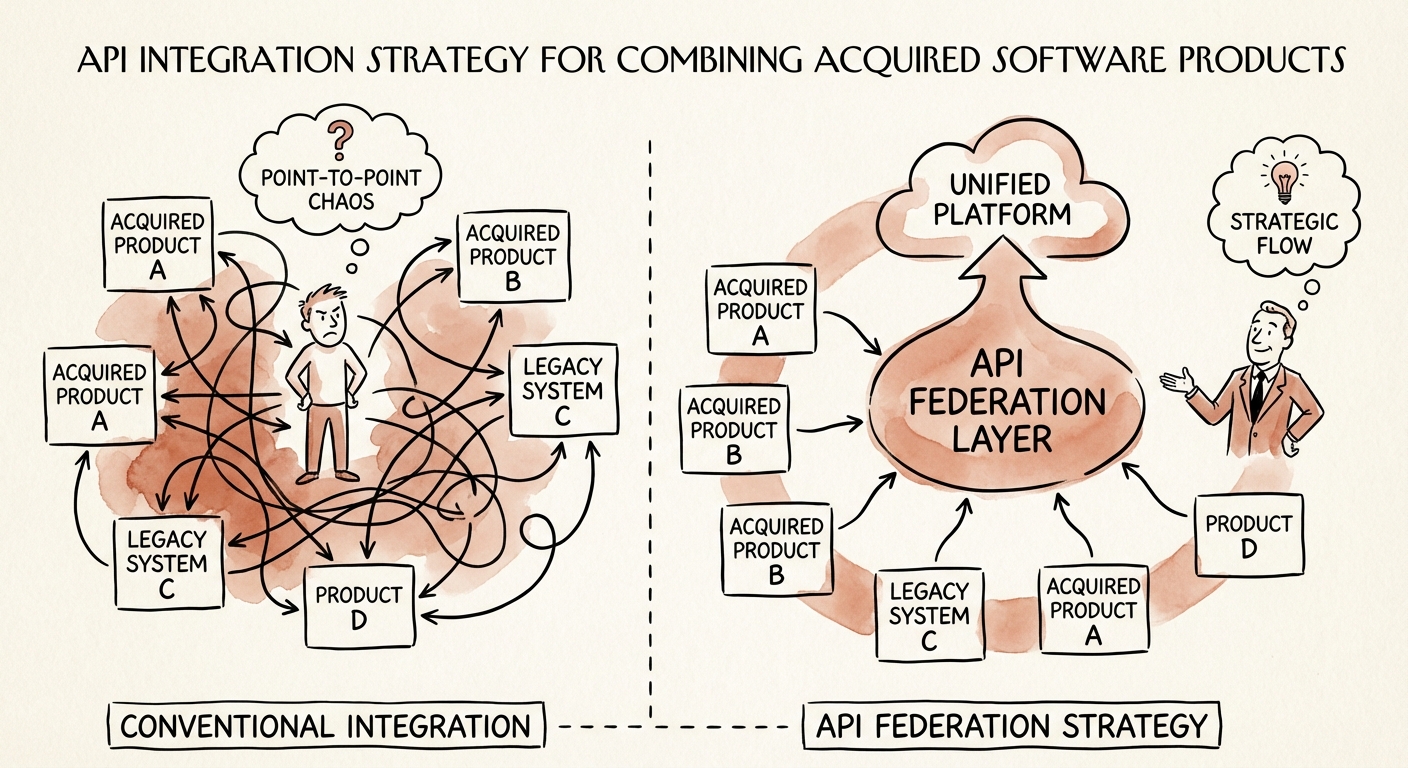 Diagram comparing point-to-point software integration vs API federation layer architecture