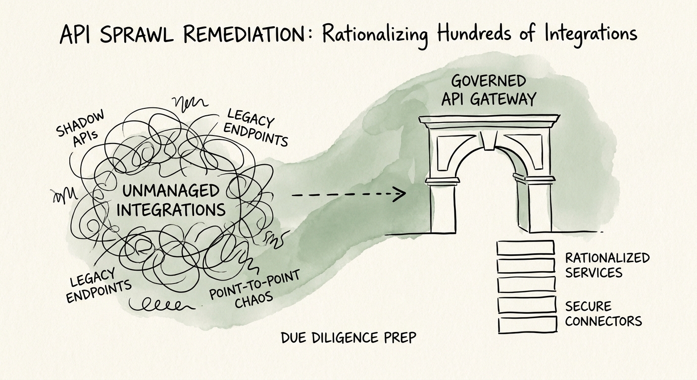 A conceptual diagram showing a messy web of API endpoints being consolidated into a clean, governed API gateway during a due diligence preparation phase.