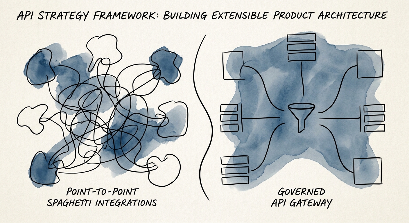Diagram showing the difference between point-to-point spaghetti integrations and a governed API gateway.