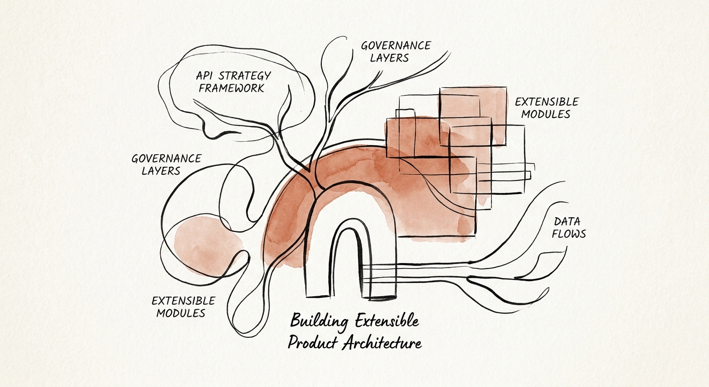 Abstract representation of an extensible API architecture and governance framework.