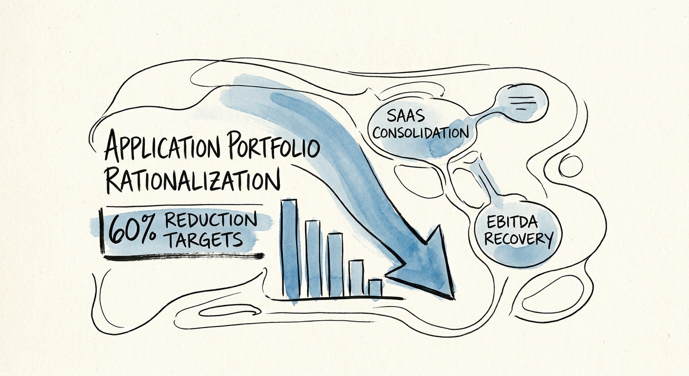 Dashboard illustrating redundant SaaS application consolidation and EBITDA recovery.