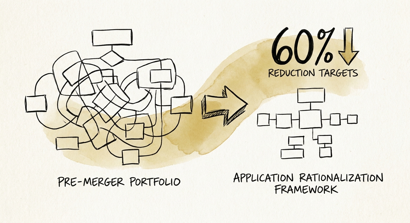 Application portfolio rationalization framework showing 60 percent reduction metrics post merger.