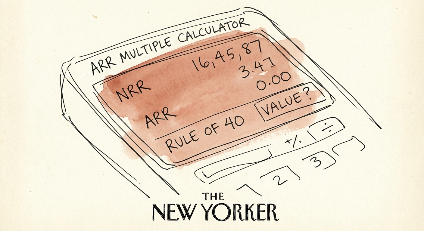 A digital calculator interface displaying SaaS valuation metrics like NRR, ARR, and Rule of 40 on a dark background.