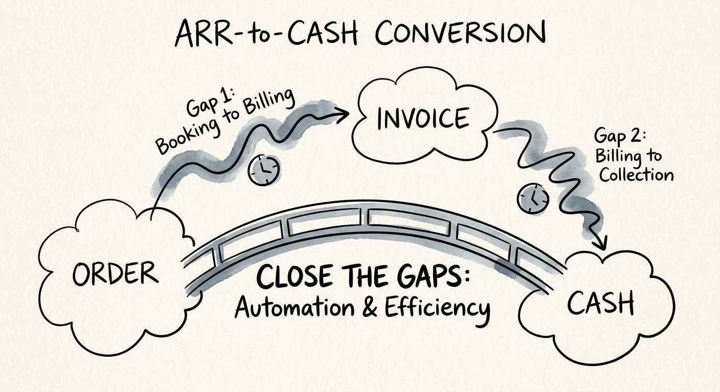 Diagram showing the three stages of the order-to-cash cycle causing revenue latency