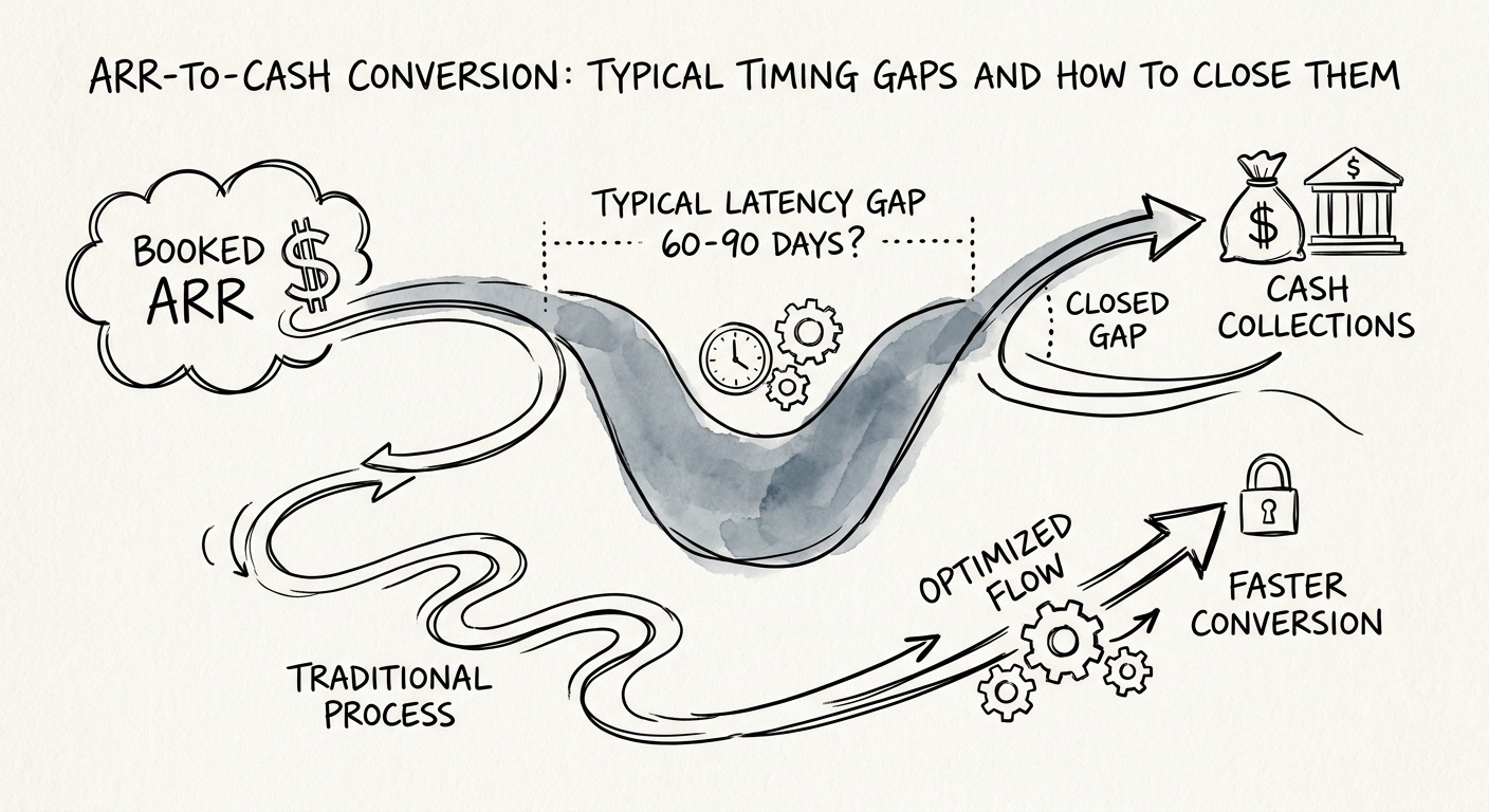 Dashboard illustrating the latency gap between SaaS booked ARR and cash collections