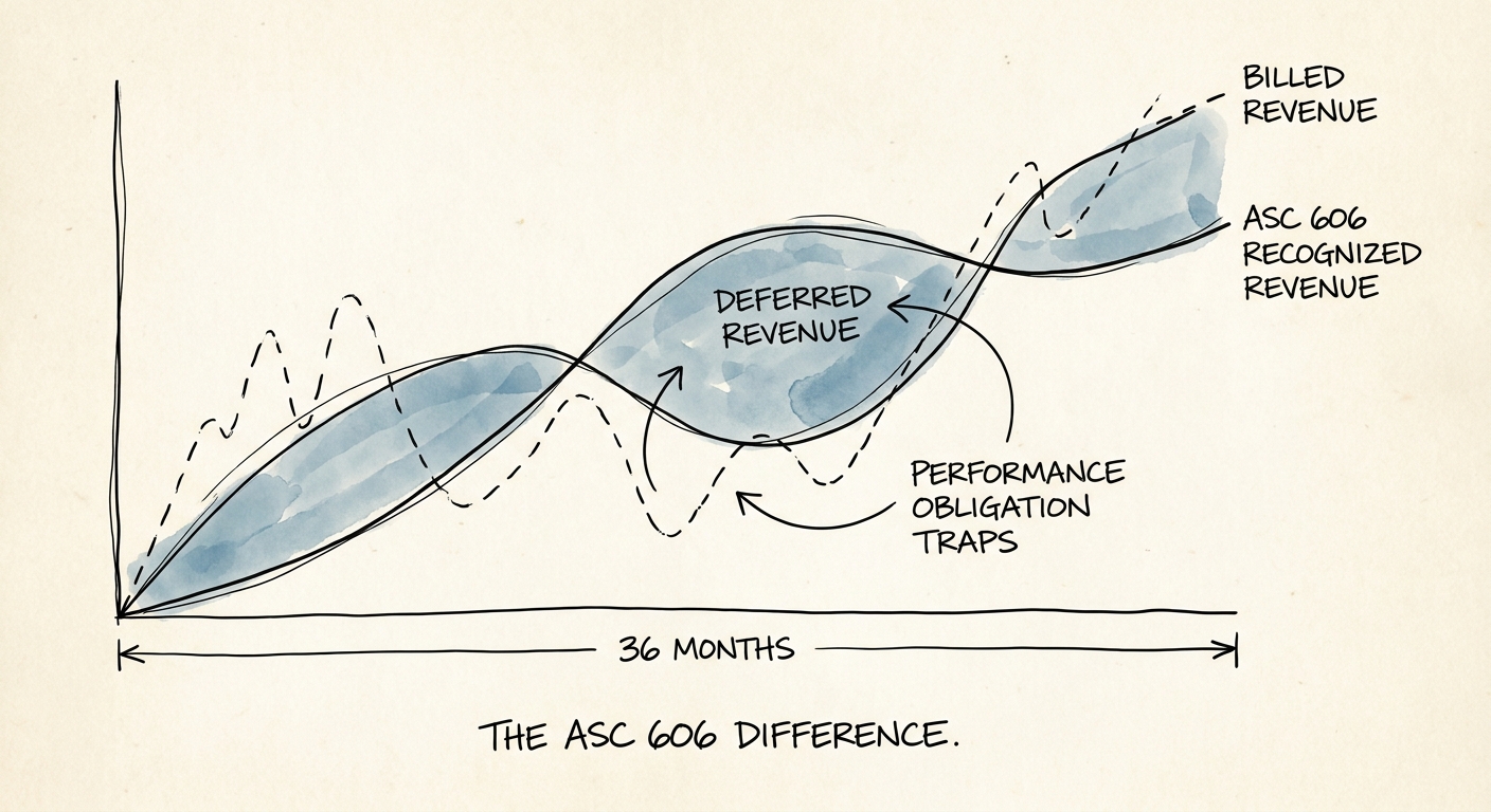 Chart demonstrating the mathematical difference between billed revenue and ASC 606 recognized revenue over a 36-month customer life.
