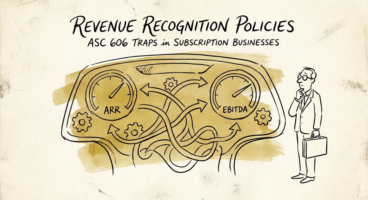 Dashboard showing ASC 606 revenue reallocation impacting monthly ARR and EBITDA.
