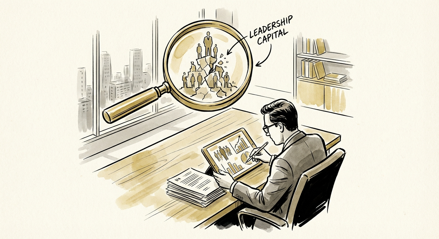 Private equity operating partner analyzing management team assessment data on a tablet during due diligence.