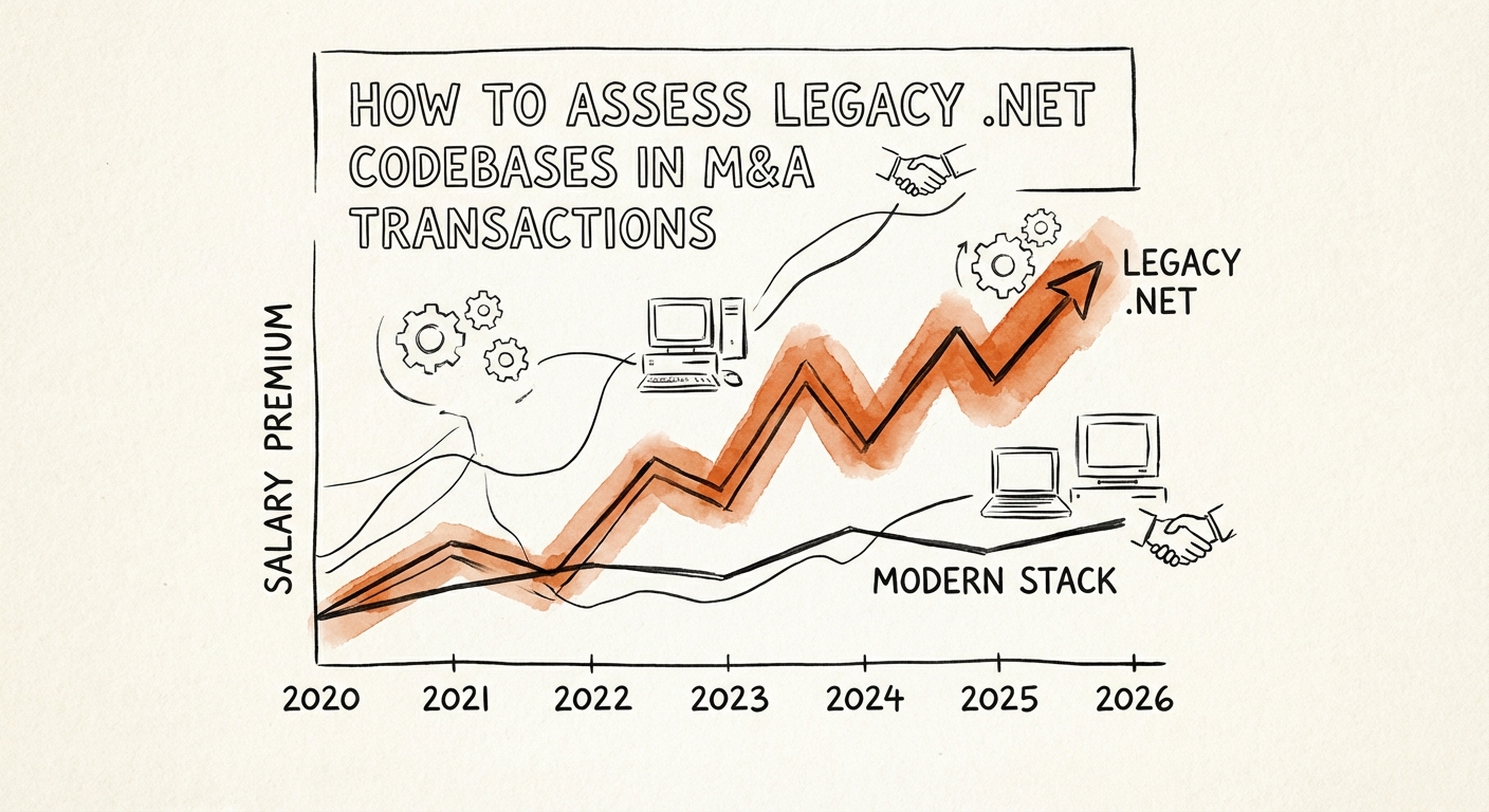 Chart showing the salary premium trend for legacy .NET developers versus modern stack developers from 2020 to 2026