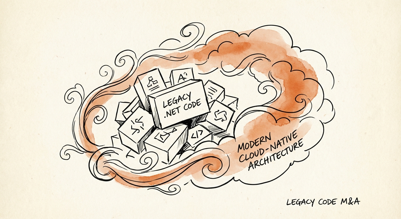 Abstract visualization of legacy .NET code blocks being strangled by modern cloud-native architecture