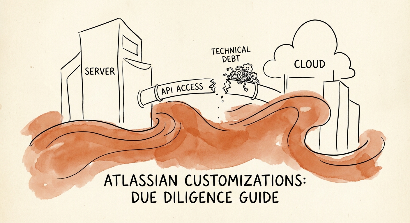 Comparison chart showing Atlassian Server vs Cloud architecture and the gap in API access for custom scripts