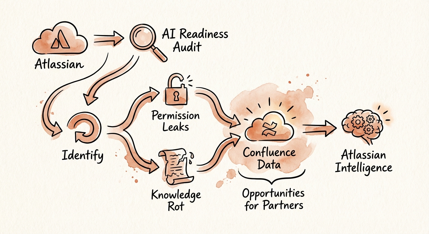 Diagram of an AI Readiness Audit workflow identifying permission leaks and knowledge rot in Confluence