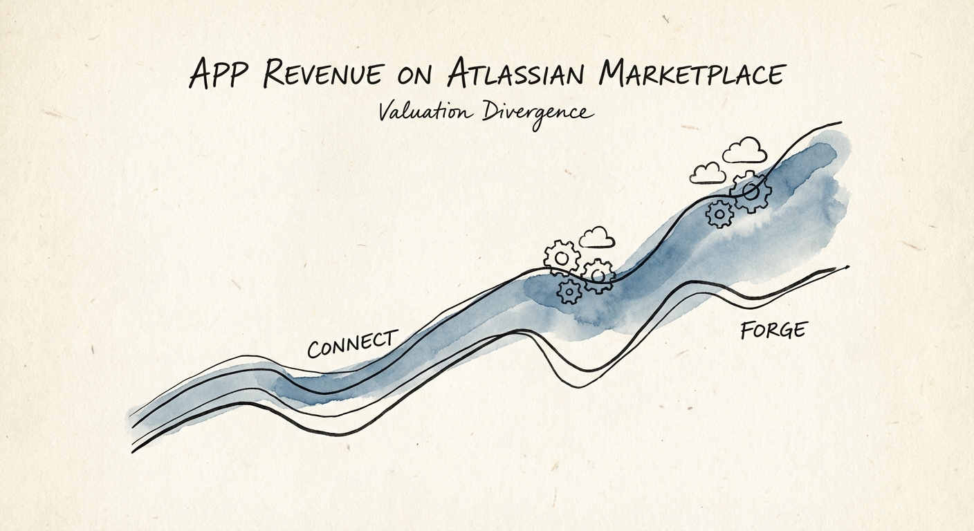 Graph showing valuation multiple divergence between Atlassian Connect apps and Cloud Fortified Forge apps