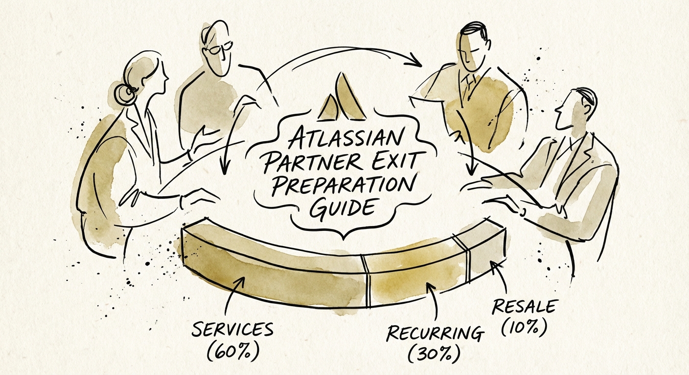 Chart depicting ideal revenue mix for Atlassian partners: 60% Services, 30% Recurring, 10% Resale