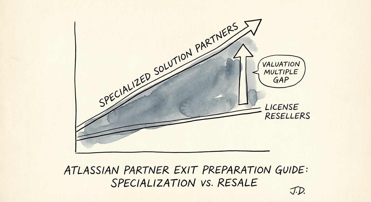 Graph showing valuation multiple gap between Atlassian license resellers and specialized solution partners