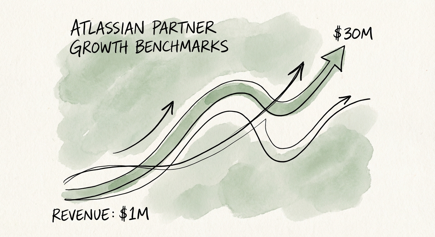 Graph depicting Atlassian Partner growth benchmarks from $1M to $30M revenue