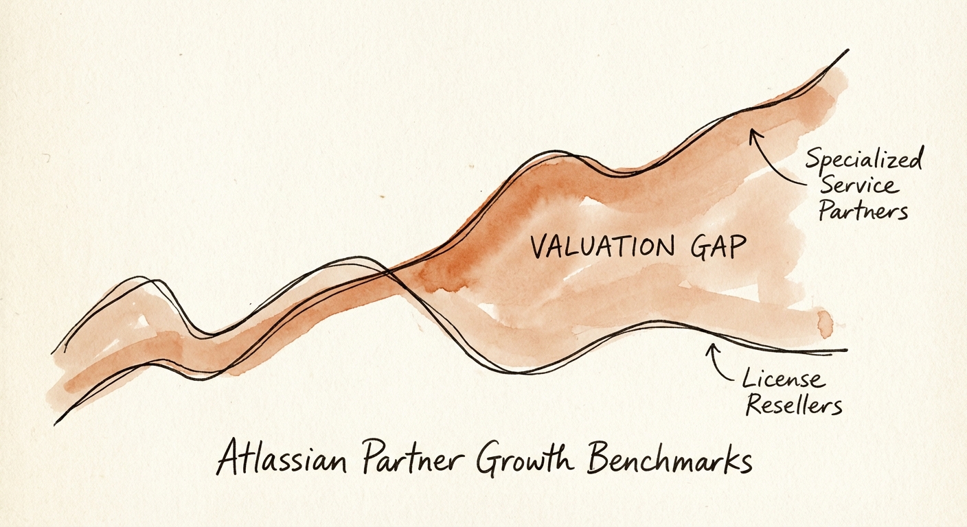 Chart showing the valuation gap between Atlassian License Resellers and Specialized Service Partners