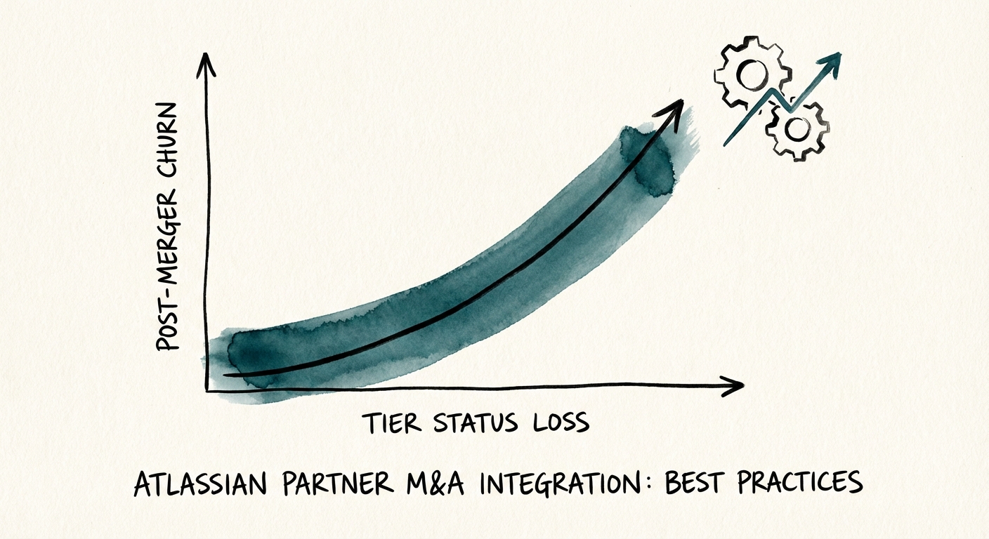 Chart showing the correlation between post-merger churn and tier status loss in Atlassian partner acquisitions.