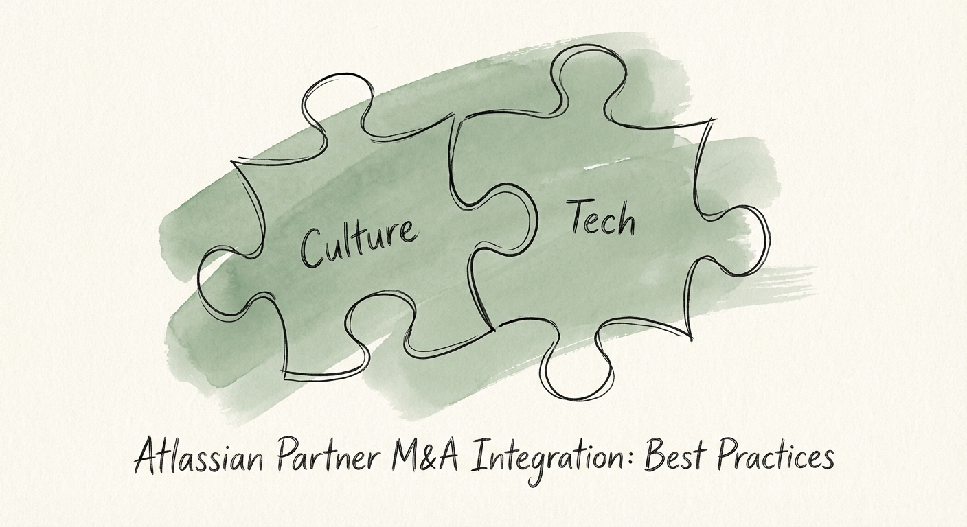 Abstract visualization of two puzzle pieces merging, representing Atlassian partner integration, with one piece labeled 'Culture' and the other 'Tech'.