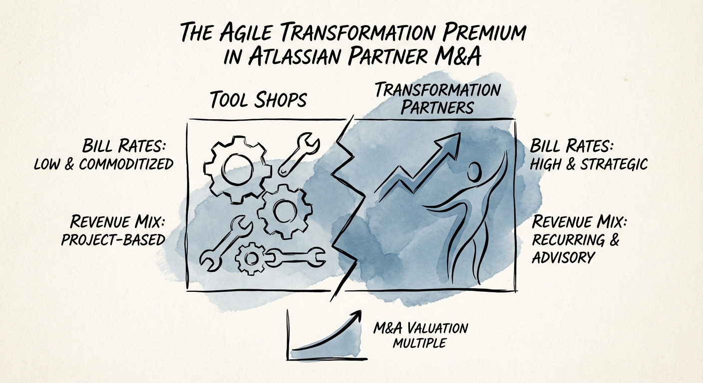 Diagnostic chart comparing bill rates and revenue mix for Tool Shops vs Transformation Partners