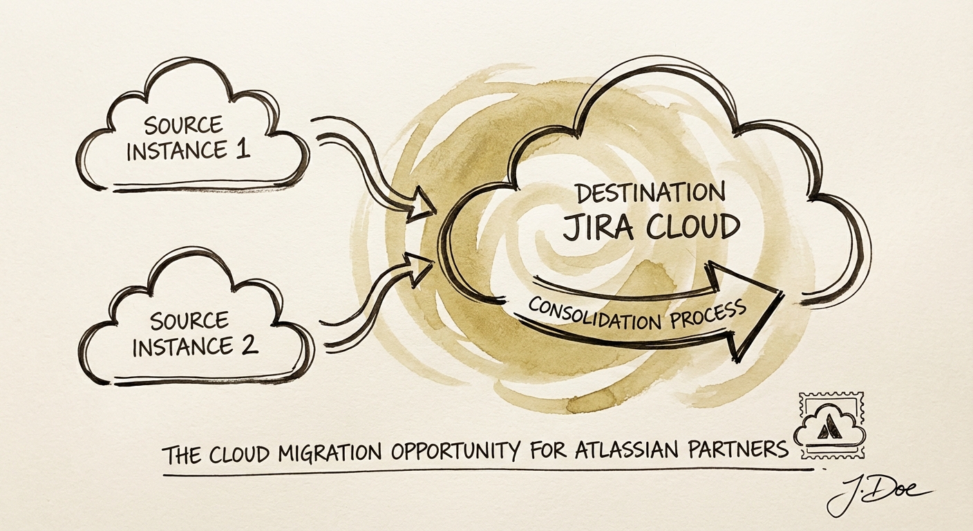 A diagram illustrating the 'Cloud Consolidation' workflow for merging multiple Jira Cloud instances