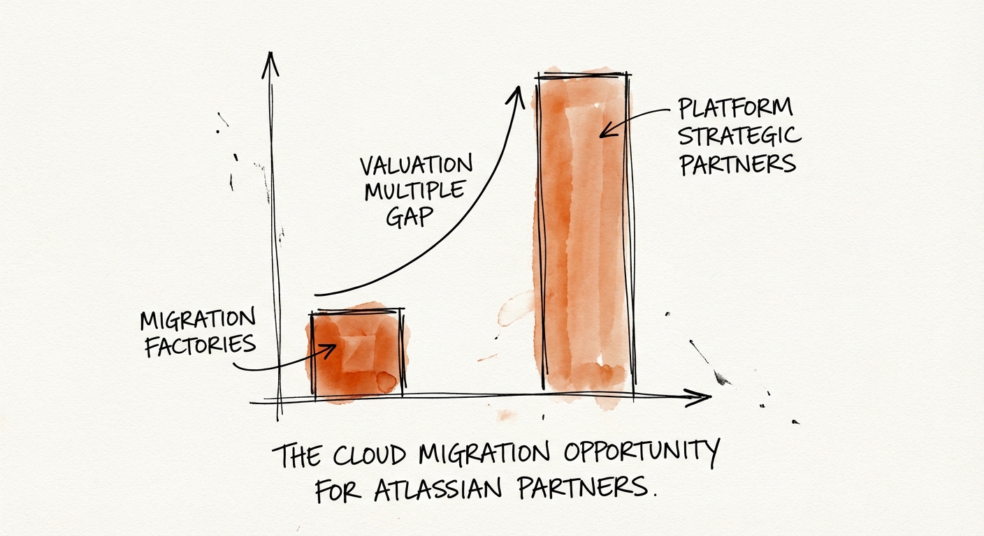 A chart showing the valuation multiple gap between Atlassian 'Migration Factories' and 'Platform Strategic Partners'