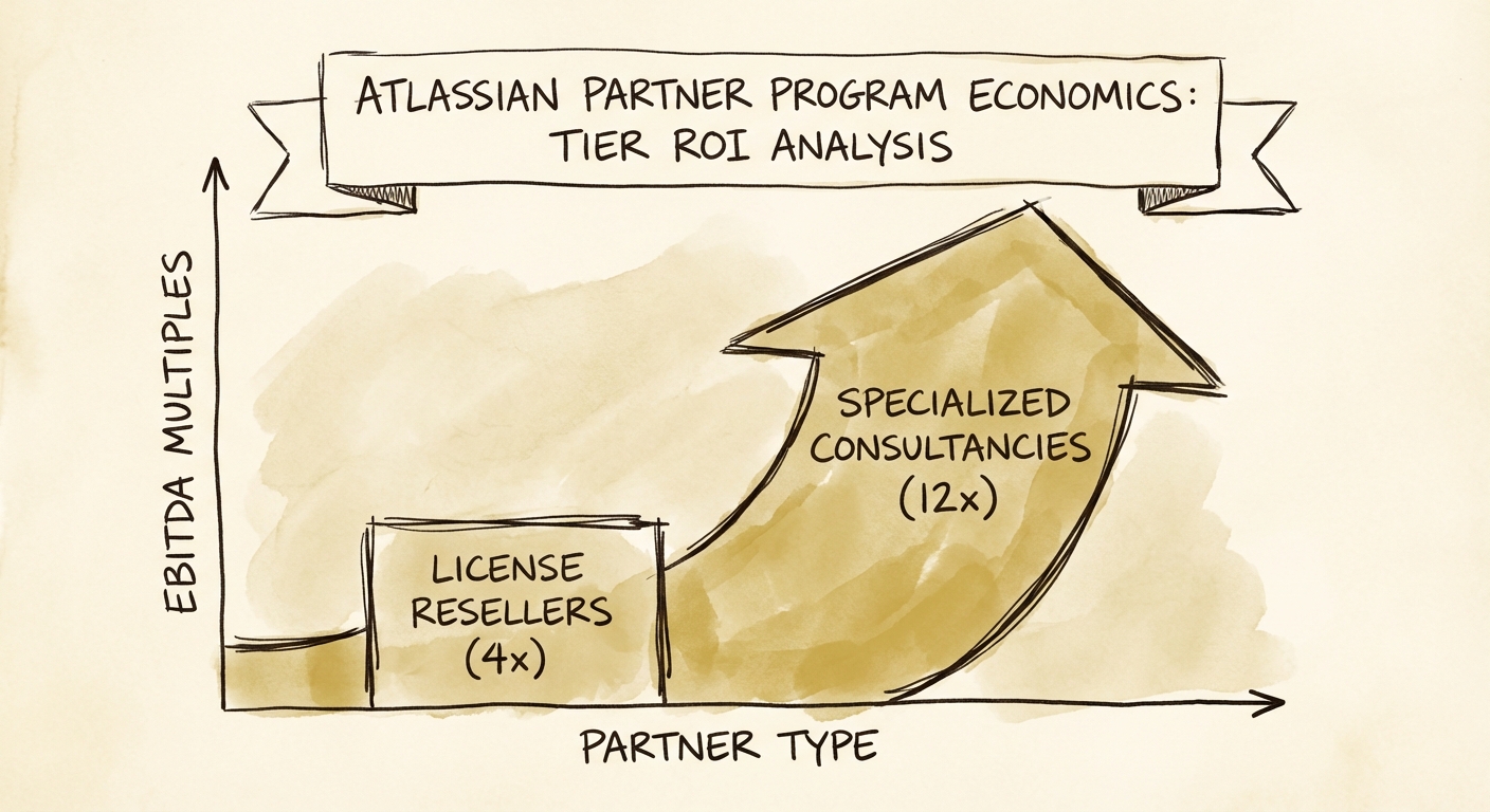 Graph comparing EBITDA multiples of License Resellers (4x) vs. Specialized Consultancies (12x)
