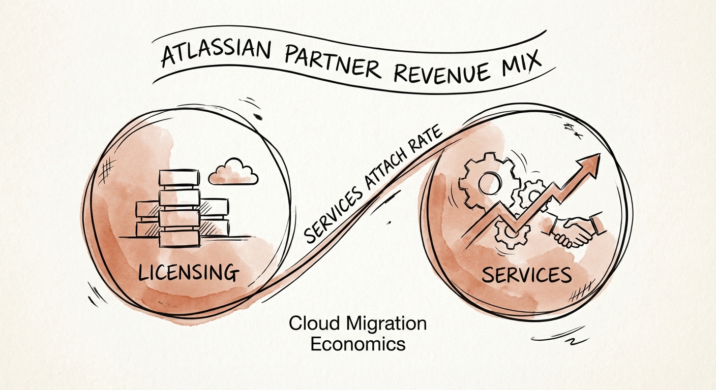 Diagram illustrating the 'Services Attach Rate' economics in an Atlassian Cloud migration project.