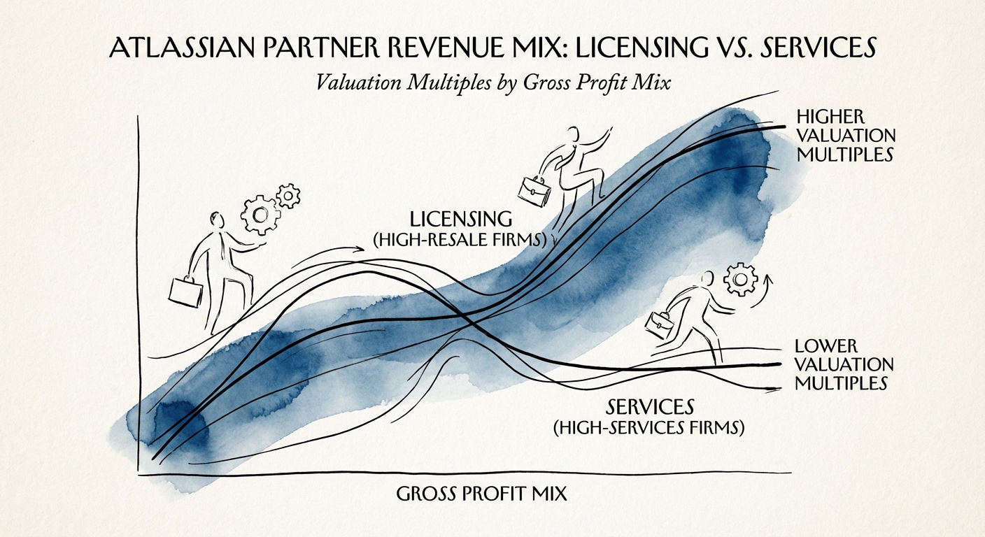 Chart showing valuation multiples for Atlassian partners based on Gross Profit mix, contrasting high-resale firms vs. high-services firms.