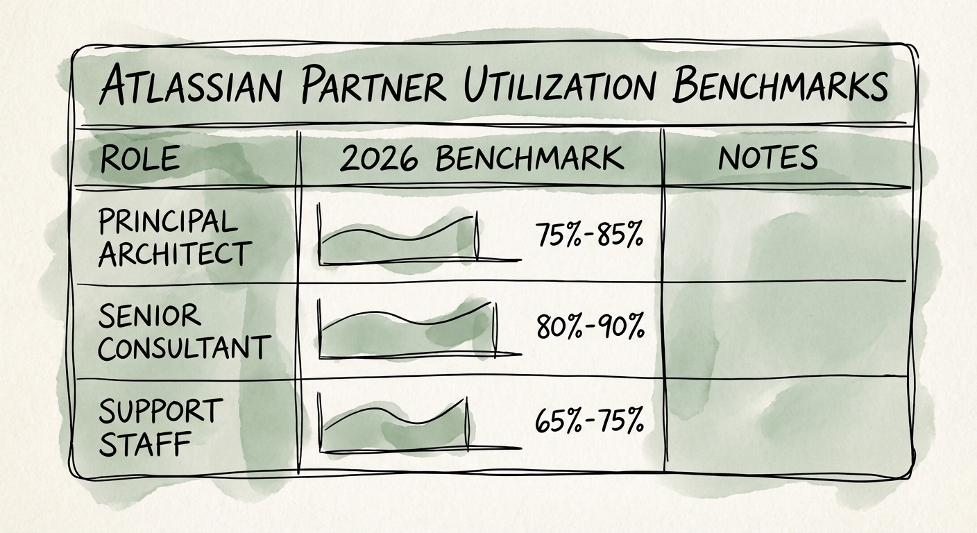 Table displaying 2026 utilization benchmarks for Principal Architects, Senior Consultants, and Support staff.