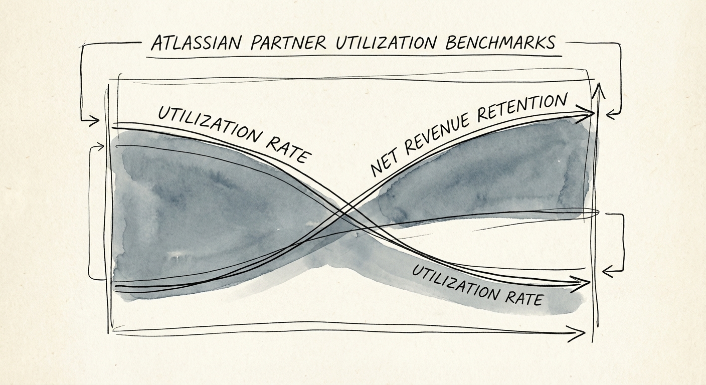 Chart showing the inverse relationship between Atlassian partner utilization rates and net revenue retention.