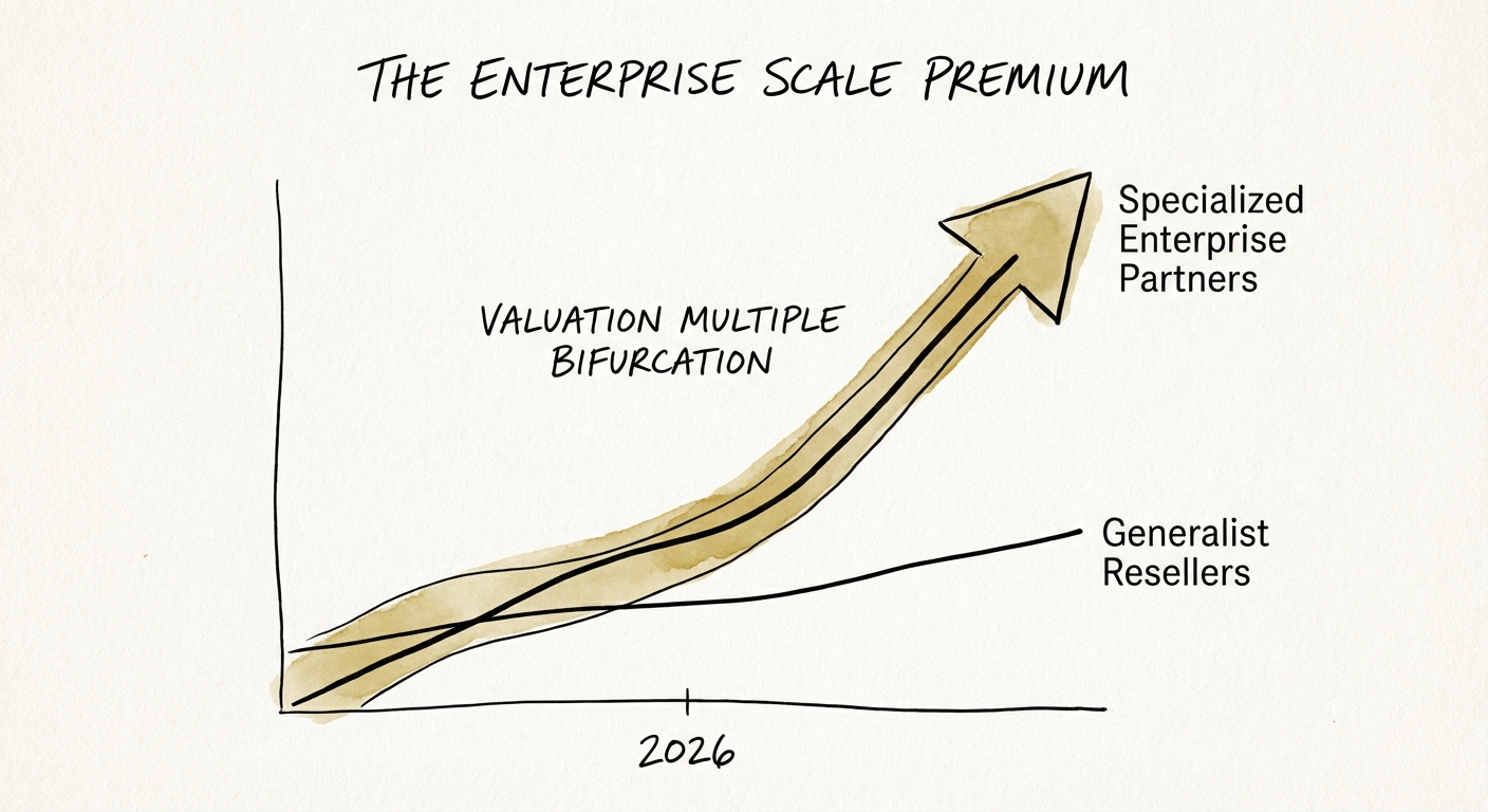 Graph showing valuation multiple bifurcation between generalist Atlassian resellers and specialized enterprise partners in 2026