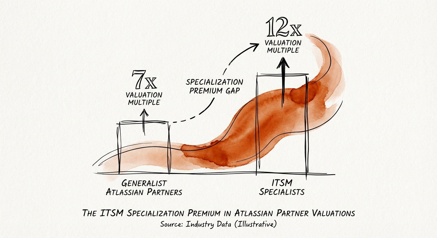 Chart showing valuation multiple gap between Generalist Atlassian Partners (7x) and ITSM Specialists (12x).
