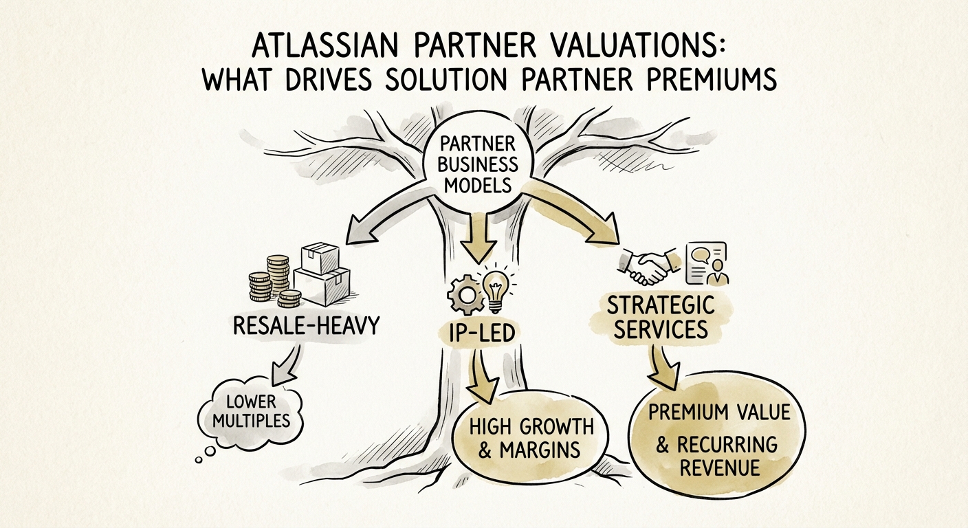Diagram comparing Atlassian Partner business models: Resale-heavy vs. IP-led vs. Strategic Services.