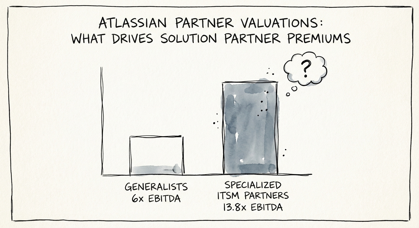Chart showing valuation multiples for Atlassian partners: Generalists at 6x EBITDA vs Specialized ITSM Partners at 13.8x EBITDA.