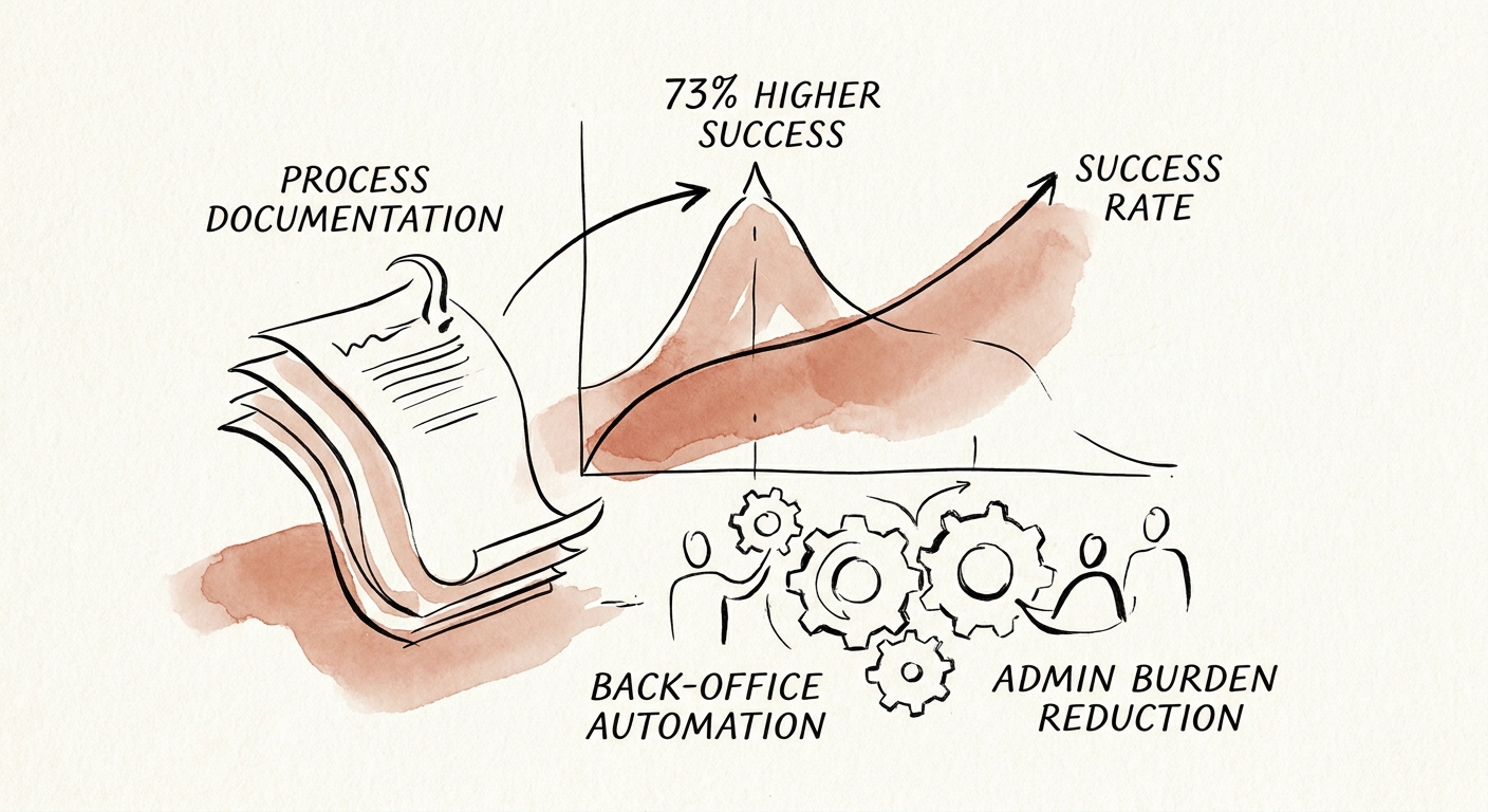 Graph showing the correlation between comprehensive process documentation and a 73 percent higher success rate in back-office automation implementations.