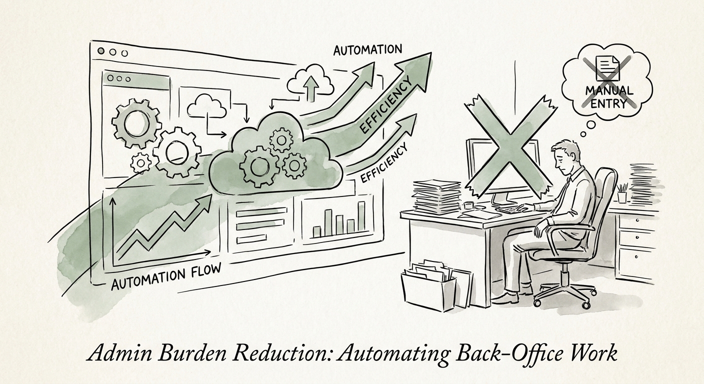 Dashboard depicting automated data flow replacing manual swivel-chair administration in a B2B SaaS back office.