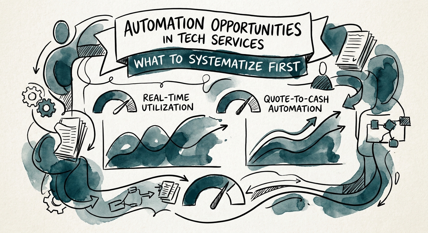 A dashboard displaying real-time utilization tracking and quote-to-cash automation metrics.
