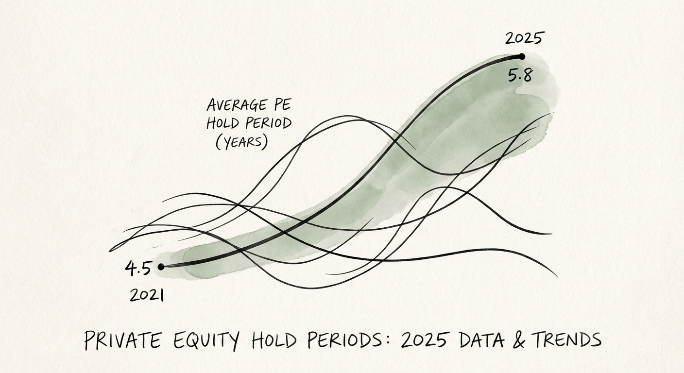 Graph showing median private equity hold periods rising from 4.5 years in 2021 to 5.8 years in 2025