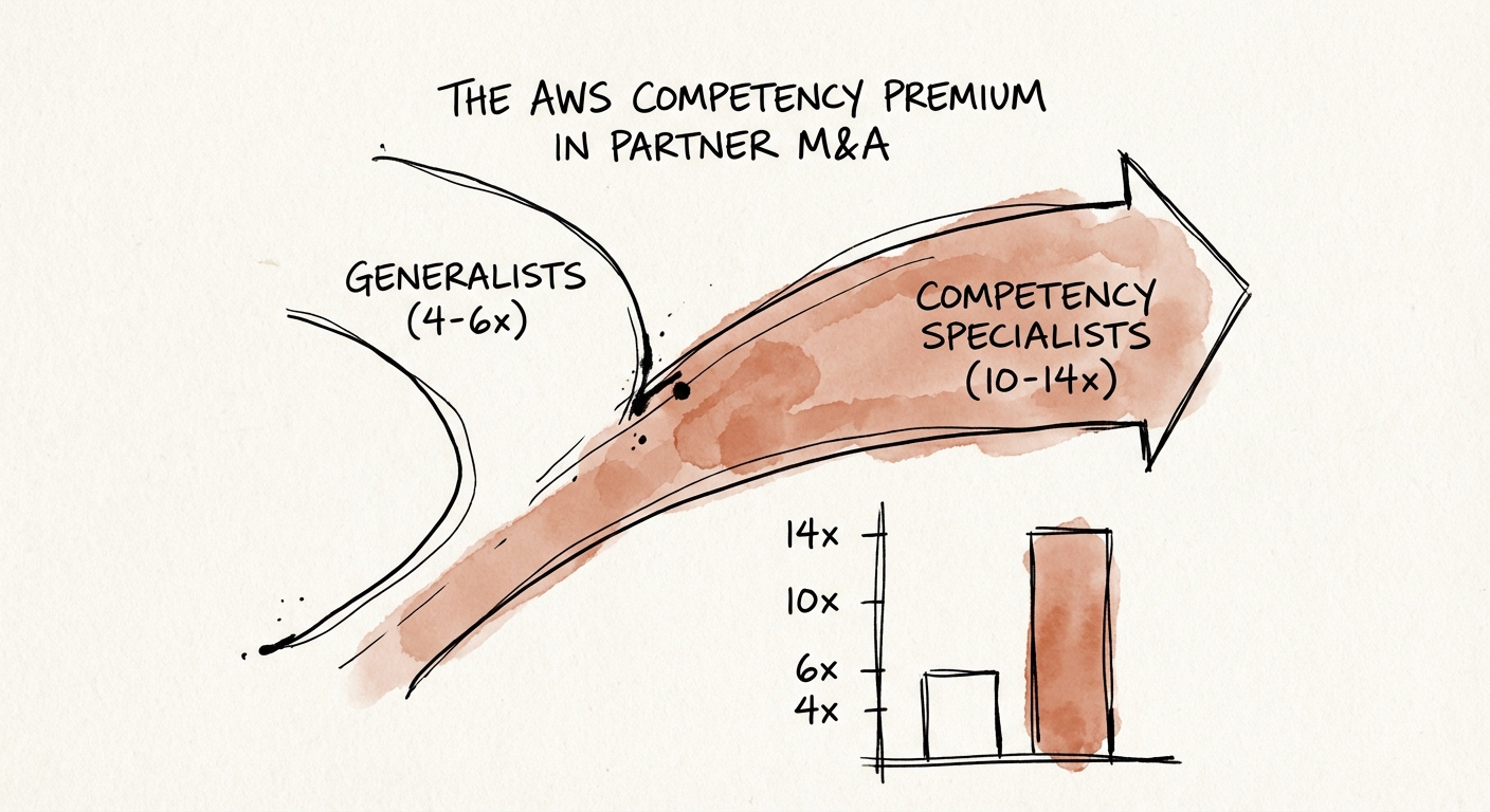 Chart showing AWS Partner valuation multiples bifurcating between Generalists (4-6x) and Competency Specialists (10-14x).