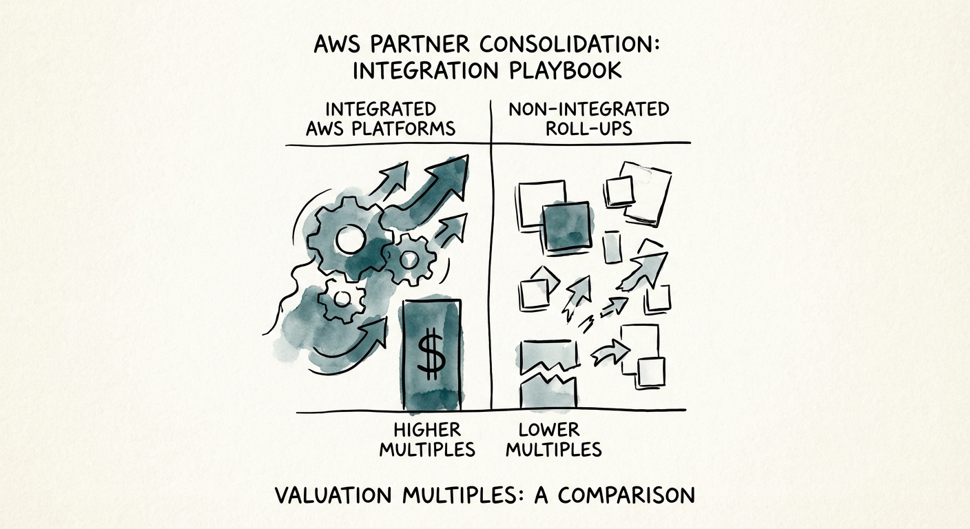 Chart showing valuation multiples of integrated AWS platforms vs. non-integrated roll-ups.