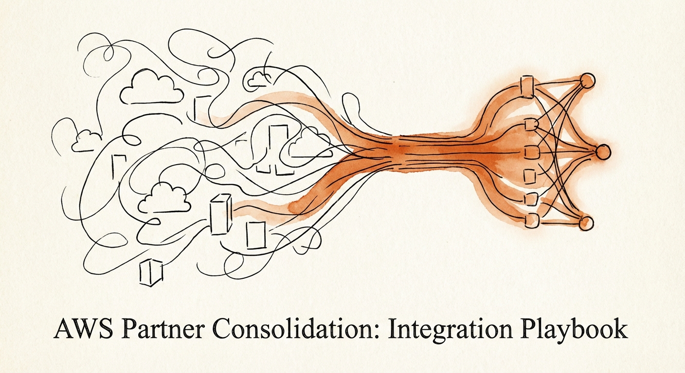 Abstract visualization of disparate cloud server nodes merging into a single, glowing, streamlined network structure.