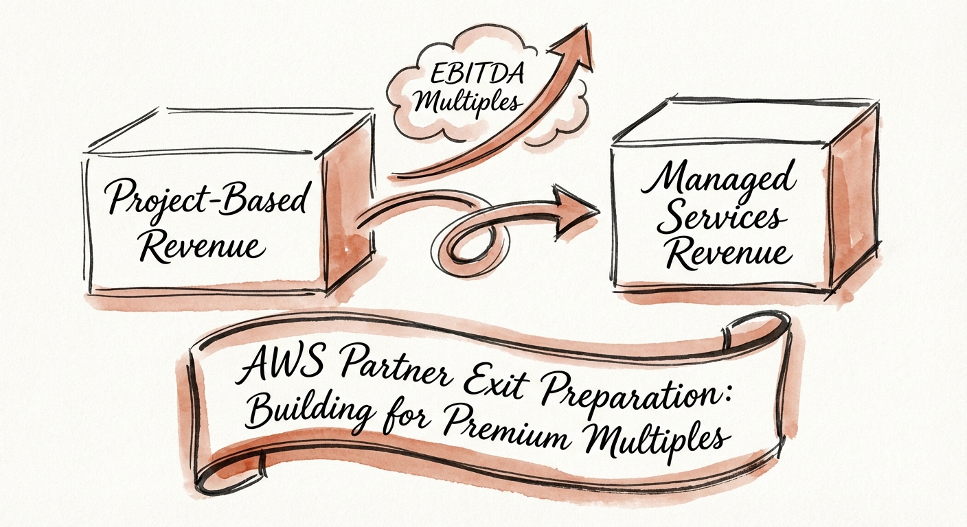 Diagram illustrating the transition from Project-Based Revenue to Managed Services Revenue and its impact on EBITDA multiples.