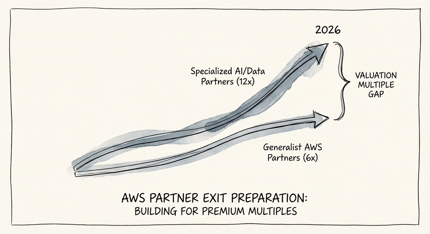 Graph showing the valuation multiple gap between Generalist AWS Partners (6x) and Specialized AI/Data Partners (12x) in 2026.