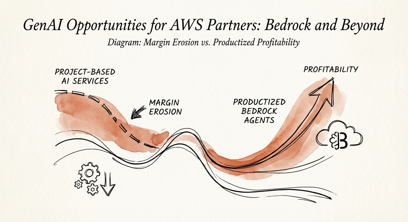Diagram illustrating the margin erosion of project-based AI services vs. the profitability of Productized Bedrock Agents.