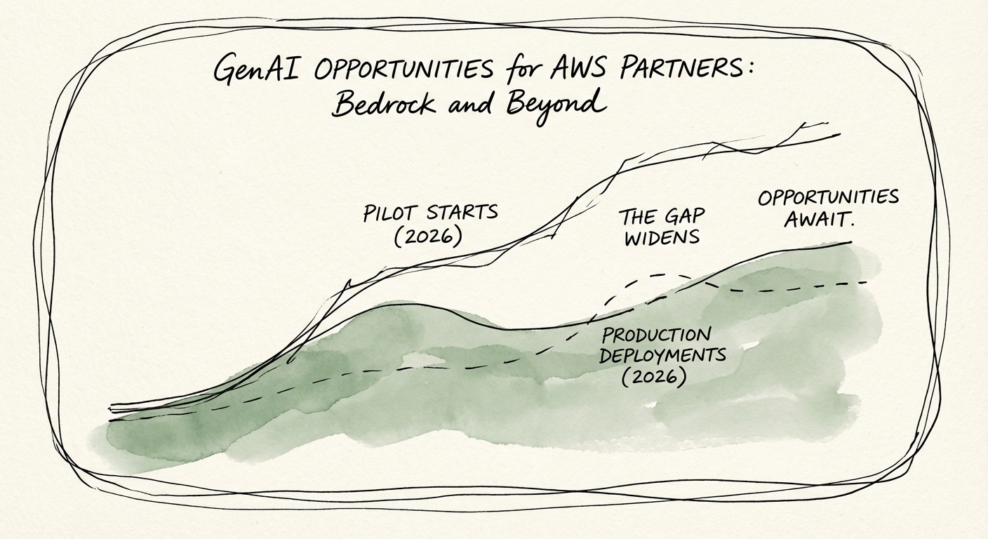 Graph showing the widening gap between GenAI Pilot starts and Production deployments in 2026.