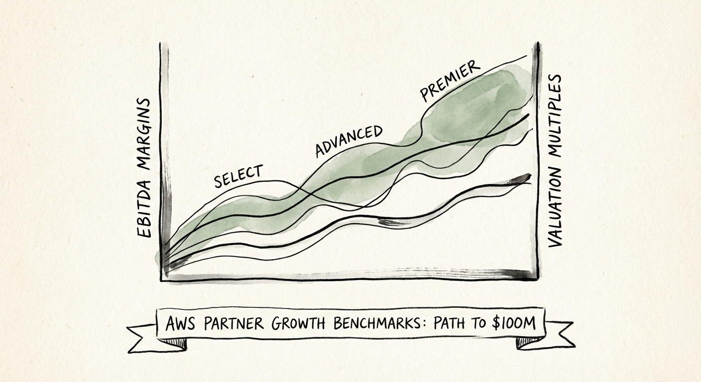 Diagnostic chart comparing AWS Partner tiers (Select, Advanced, Premier) against EBITDA margins and Valuation Multiples.