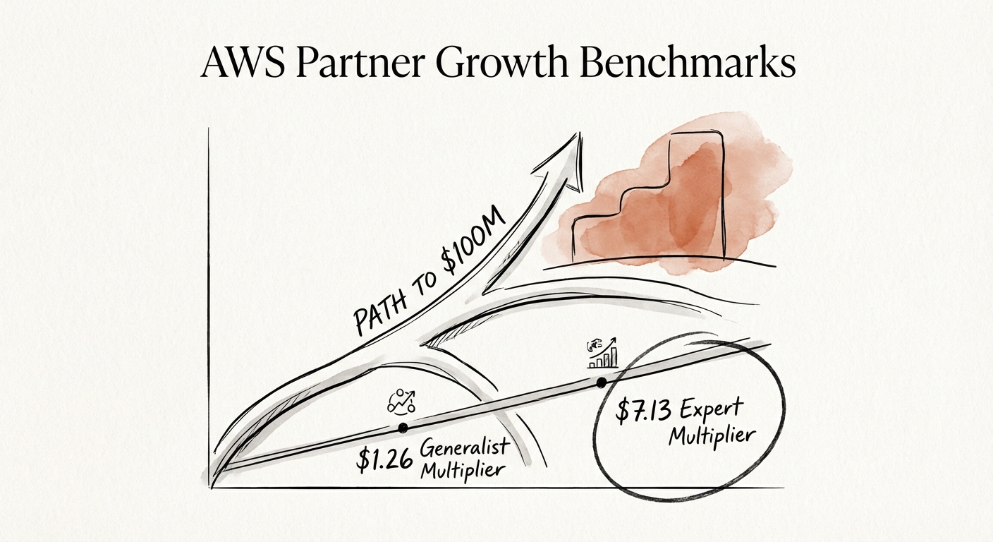 Graph showing the bifurcation of AWS partner revenue multipliers, contrasting the $1.26 Generalist multiplier with the $7.13 Expert multiplier.