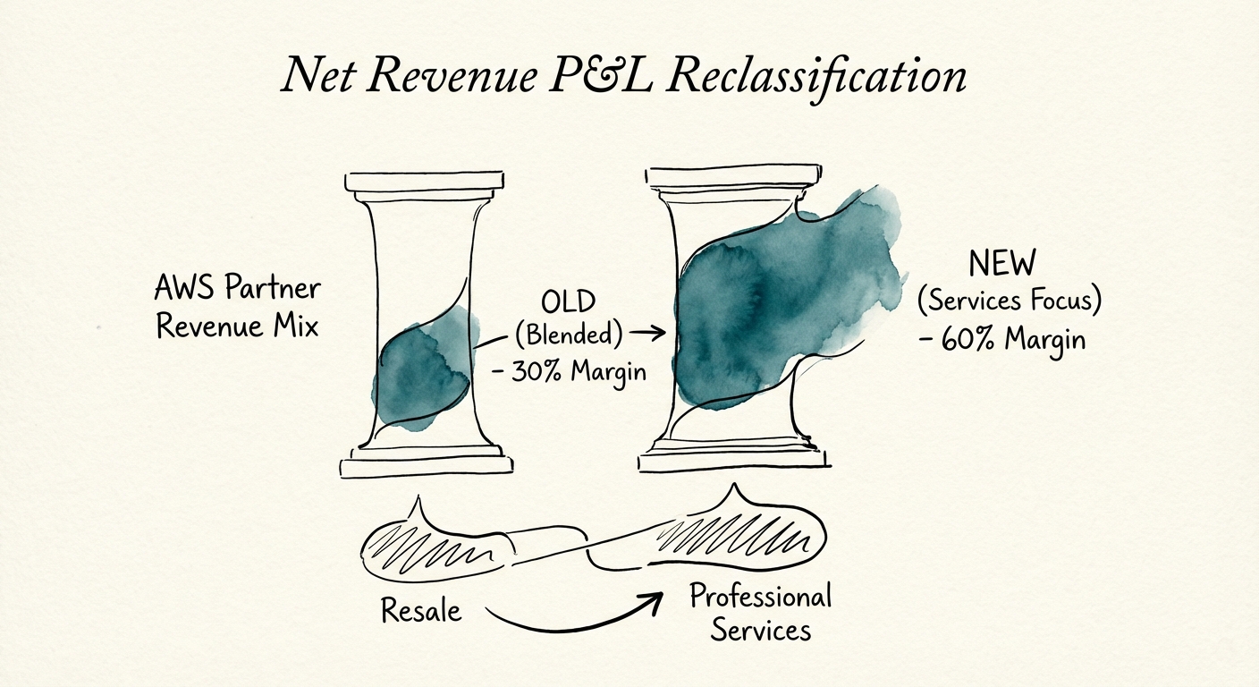 Diagram of the 'Net Revenue' P&L reclassification showing the shift from 30% blended margin to 60% services margin.