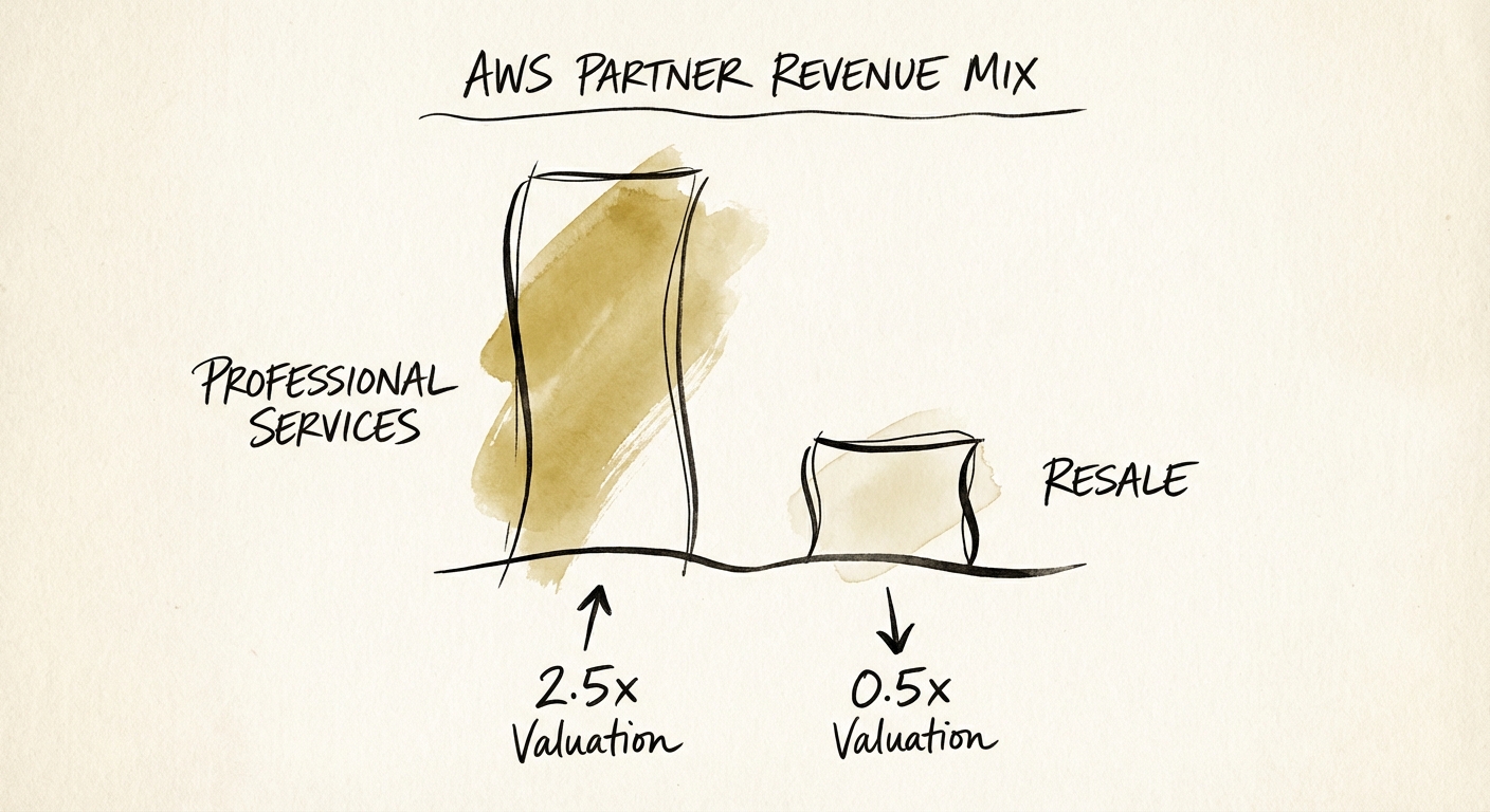 Chart showing valuation multiple disparity between AWS Resale Revenue (0.5x) and Professional Services Revenue (2.5x).
